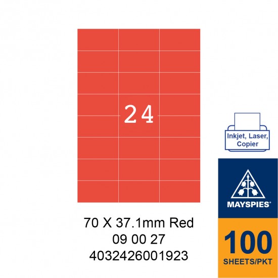 MAYSPIES 09 00 27 LABEL FOR INKJET / LASER / COPIER 100 SHEETS/PKT RED 70 X 37.1MM